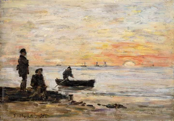 Laag tij - Kust en vissers bij zonsondergang