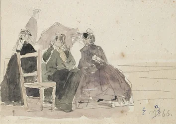 Drie vrouwen zittend op stoelen op een strand, eind 19e eeuw