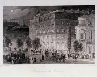 Animatie rond theaters van de boulevard des Italians in Parijs. Gravure door Eugene Louis Lami (1800-1890) 1843 Privécollectie
