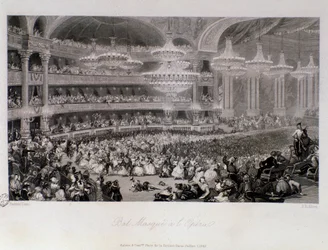 Gemaskerd bal georganiseerd in de Opera van Parijs. Gravure door Eugene Louis Lami (1800-1890) 1843 Privécollectie