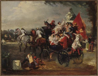 Koets met Mannen en Vrouwen in Kostuum op de Champs-Elysees, 1834