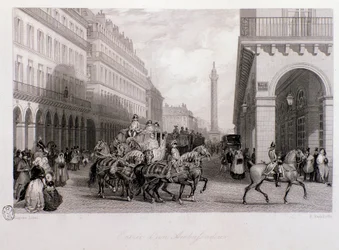 Stoet van een ambassadeur op de Place de la Bourse bij zijn aankomst in Parijs. Gravure door Eugene Louis Lami (1800-1890) 1843 Privécollectie
