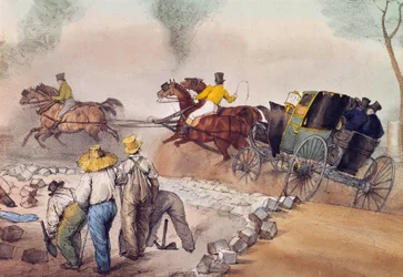 Stofpassanten Werknemers die de straten aan het bestraten zijn. Lithografie door Eugene Louis Lami (1800-1890) 19e eeuw Parijs, Musee Carnavalet