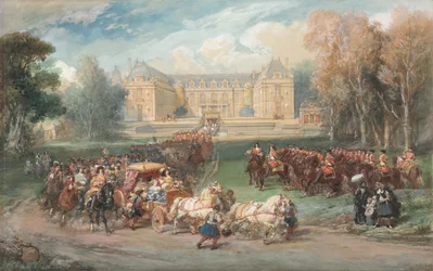 Lodewijk XIV rijdt met zijn koets in het park van Versailles