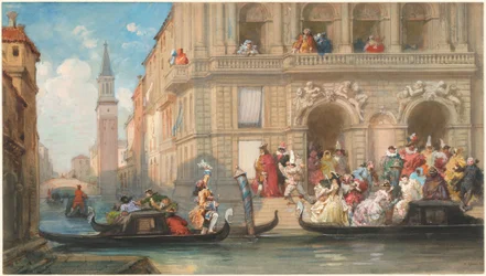 Maskerdragers die Gondels Instappen voor een Venetiaans Palazzo