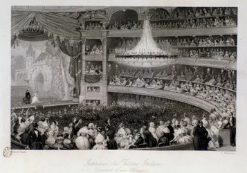 Ovation van een acteur tijdens een voorstelling in het Théâtre des Italiens in Parijs. Gravure door Eugene Louis Lami (1800-1890) 1843 Privécollectie