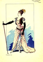 Kostuum voor het toneelstuk "De roddel". 1889 (gravure)