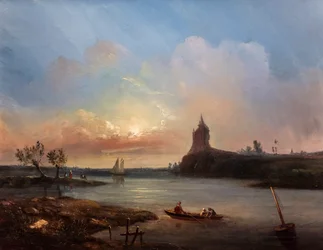 Uitzicht op een riviermonding met vissers en een denkbeeldig kasteel