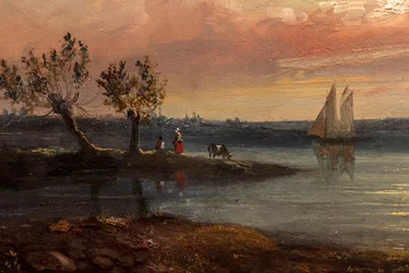 Uitzicht op een riviermonding met vissers en een denkbeeldig kasteel