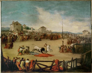 Stierengevecht in een dorp (schilderij op doek)