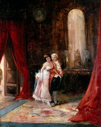 Vertrouwen. Een elegante jonge vrouw aan de arm van een bediende komt dichterbij met een blik die een mengeling is van nieuwsgierigheid en bezorgdheid. Schilderij van Eugenio Lucas Villamil (1858-1918). Olieverf op doek. Privécollectie.