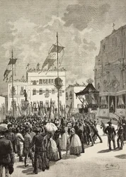 Onthulling van het monument voor Victor Emmanuel II, eerste koning van Italië, in aanwezigheid van Umberto I, koning van Italië, standbeeld door Eugenio Maccagnani, Lecce, Italië