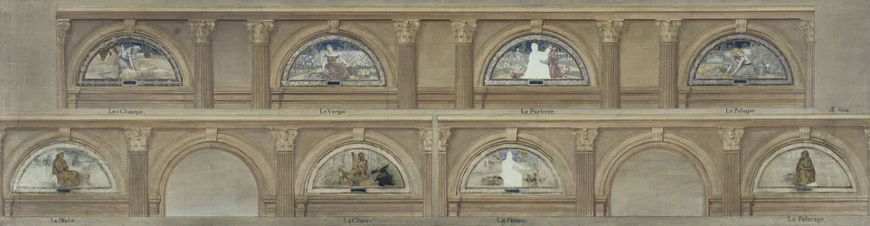 Schets voor de eetzaal van het Hôtel de Ville de Paris: De velden. De boomgaard. Het bloemperk. De moestuin. De visserij. De jacht. De boerderij. De weide, circa 1891