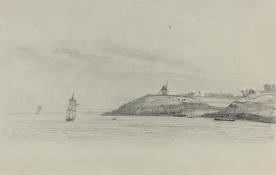 Kustlandschap met schepen; windmolen in de verte