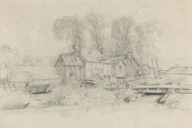 Rivierlandschap met gebouwen, boten en figuren