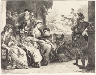 Spelers die het vergiftigen van Hamlets vader uitbeelden Act III, Scène II, 1835