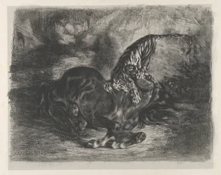 Wilde paard neergehaald door een tijger, 1828