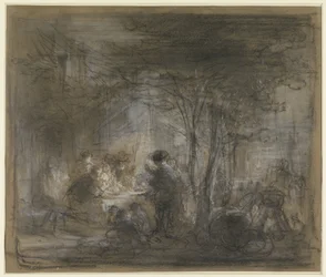 Gezelschap rond een tafel onder bomen