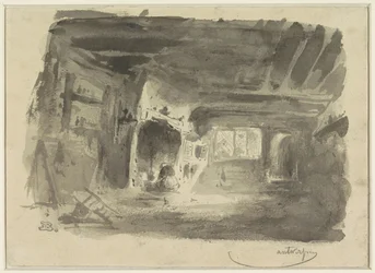Interieur met geknielde vrouw voor haard