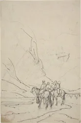 Mannen te paard naast rivier