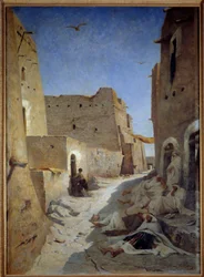 Uitzicht op Bab el Gharbi straat in Laghouat in Algerije Schilderij door Eugene Fromentin
