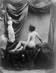 Naakte dame bewondert het beeld van de Venus van Milo