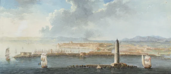 Uitzicht op een haven vanaf de zee, waarschijnlijk Livorno