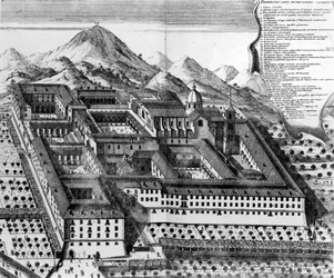 Luchtfoto van Monte Cassino, Italië (gravure)