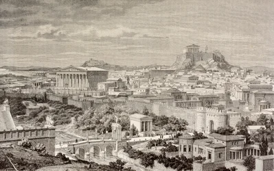 Artistieke impressie van Athene, ten tijde van de Keizer Hadrianus, uit 