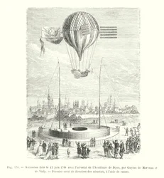 Ascensie op 12 juni 1784 met het luchtschip van de Academie van Dijon, door Guyton de Morveau en de Virly, eerste poging tot luchtschipbesturing met roeispanen