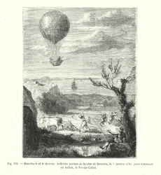 Blanchard en dokter Jefferies vertrekken van de kust van Dover, op 7 januari 1785, om het Kanaal over te steken in een ballon (gravure)