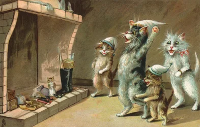 Stripkatten, wachtend op hun kerstcadeaus (kleurenlitho)