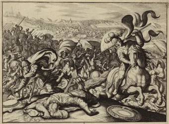 Nederlaag van de Israëlieten door de Filistijnen en de dood van Saul (gravure)