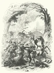 Nederlaag van het Romeinse leger onder Sabinus en Cotta door de Galliërs, 54 v.Chr. (gravure)