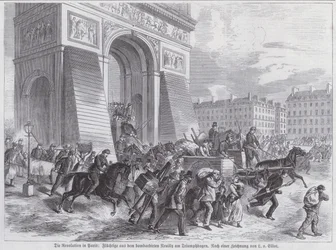 Vluchtelingen van het bombardement van het Franse leger op Neuilly passeren de Arc de Triomphe, Parijse Commune, april 1871