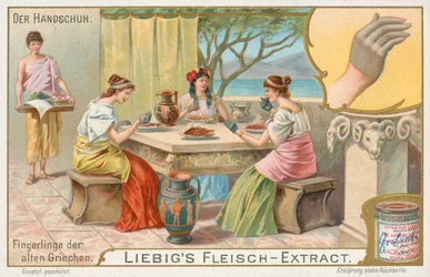 Handschoenen, Liebig-kaart, begin 20e eeuw (chromo)