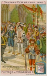 Gasten wachten buiten de kathedraal van Bologna bij de kroning van keizer Karel V in 1536