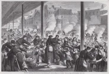 Hongerende Parijzenaars bedelen om voedsel van Duitse soldaten op het marktplein van St Denis na het einde van het Beleg van Parijs, Frans-Duitse Oorlog