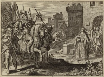 Jefta begroet door zijn dochter na het verslaan van de Ammonieten