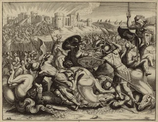 Jozua en de Israëlieten veroveren en verbranden de stad Ai (gravure)