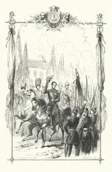 Koning Leopold I, de hertog van Brabant en de graaf van Vlaanderen inspecteren een militaire parade, België