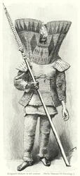 Kingsmill-eilandbewoner in volledige wapenrusting (gravure)