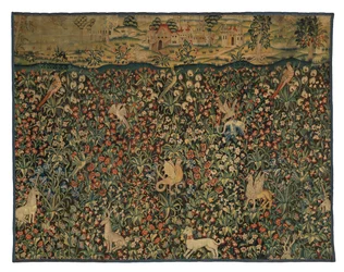 Mille fleurs tapijtfragment met dieren, vogels en landschap, c.1500