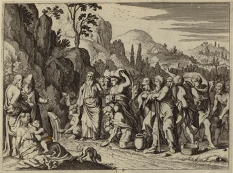 Mozes slaat met zijn staf op de rots om water te laten stromen (gravure)