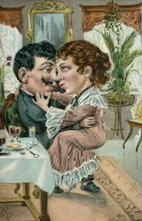 Paar kussende geliefden (kleurenlitho)