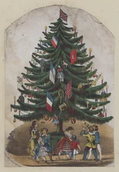 Mensen onder een kerstboom, wenskaart