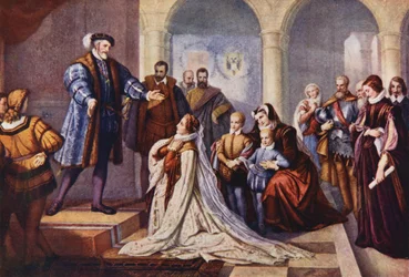 Philippine Welser voor keizer Ferdinand in Innsbruck (kleurenlitho)