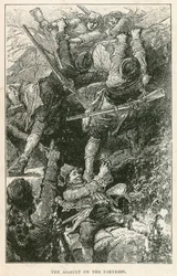 De aanval op het fort (gravure)
