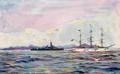 De opleidingskruiser "Benjamin Constant" en de Dreadnought "Minas Geraes" in de haven van Rio (kleurenlitho)