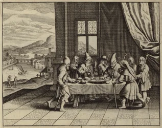 De Israëlieten door God bevolen om het Pascha-lam te eten (gravure)